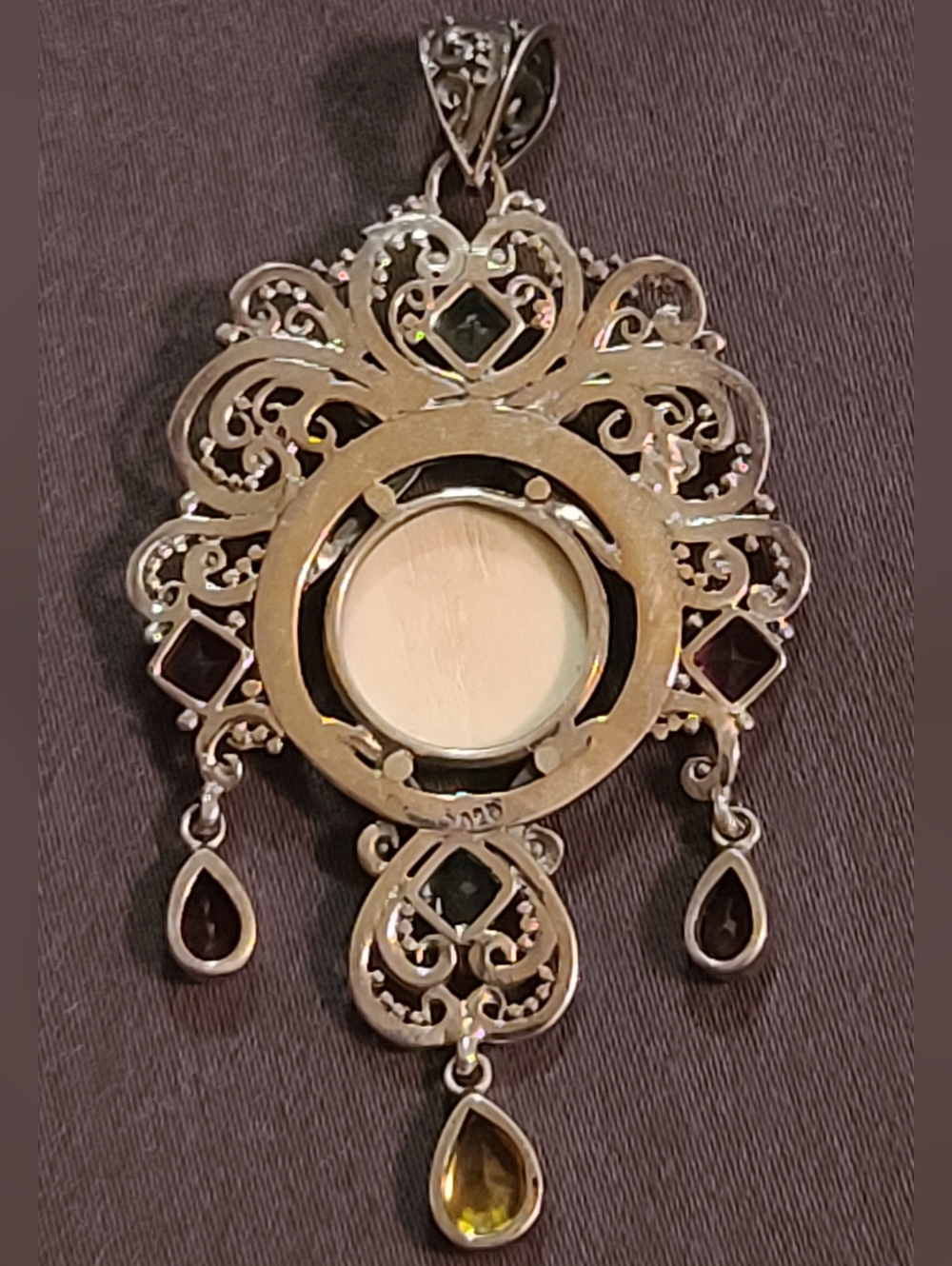 Beautiful Ornate Indonesian Carved Moon Face Multi Gem Pendant 925 Stamped Siver - Picture 4 of 14